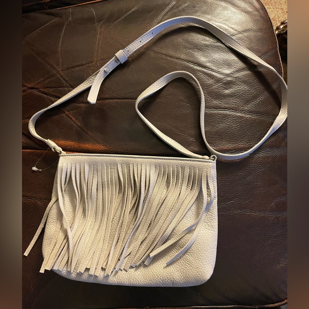 eileen fisher gray small leather fringe crossbody bag